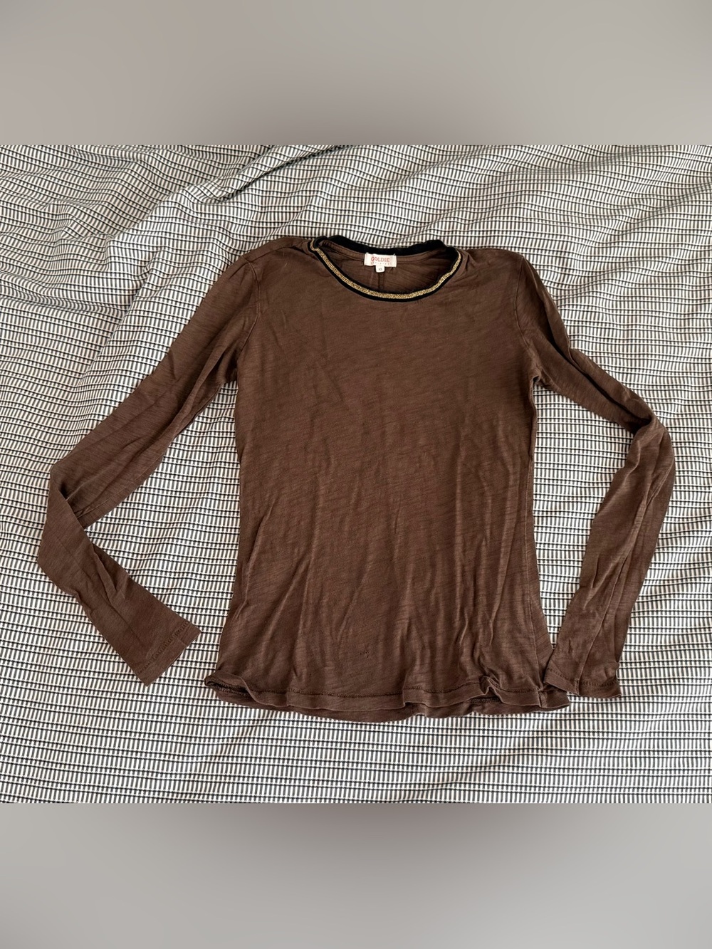 Goldie Women's Brown L/S Top with Gold/Black trim at neckline